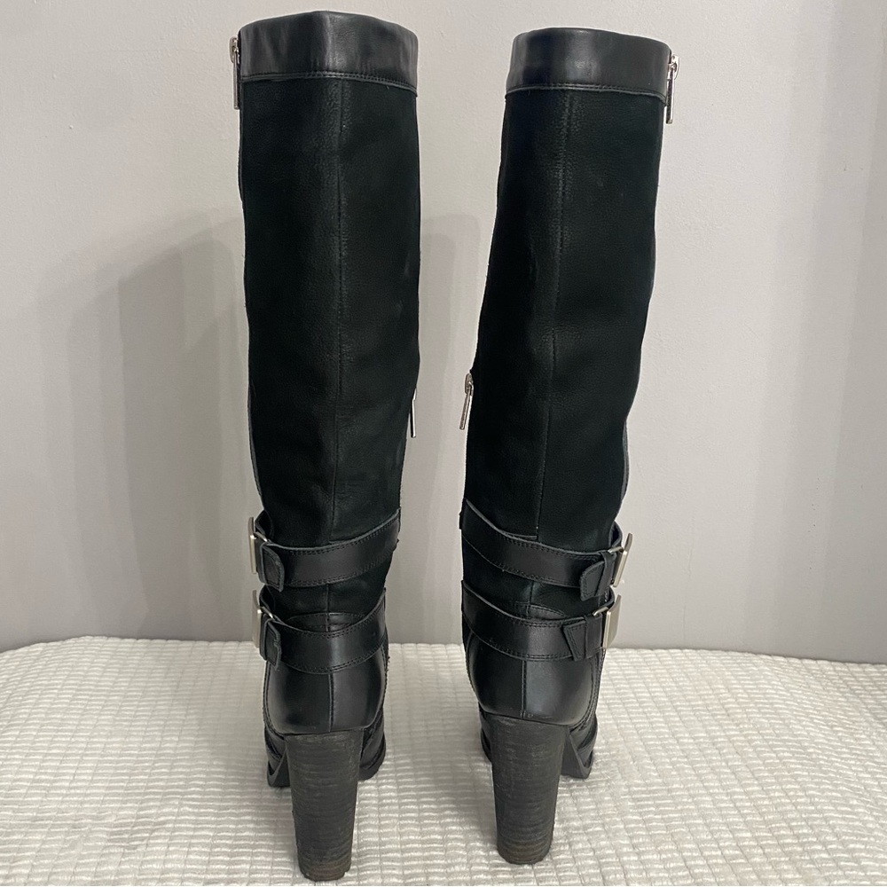 Milana Black Leather Knee High Moto Boots Buckle Block Heel EU 35 US 5 Italy - Picture 6 of 16